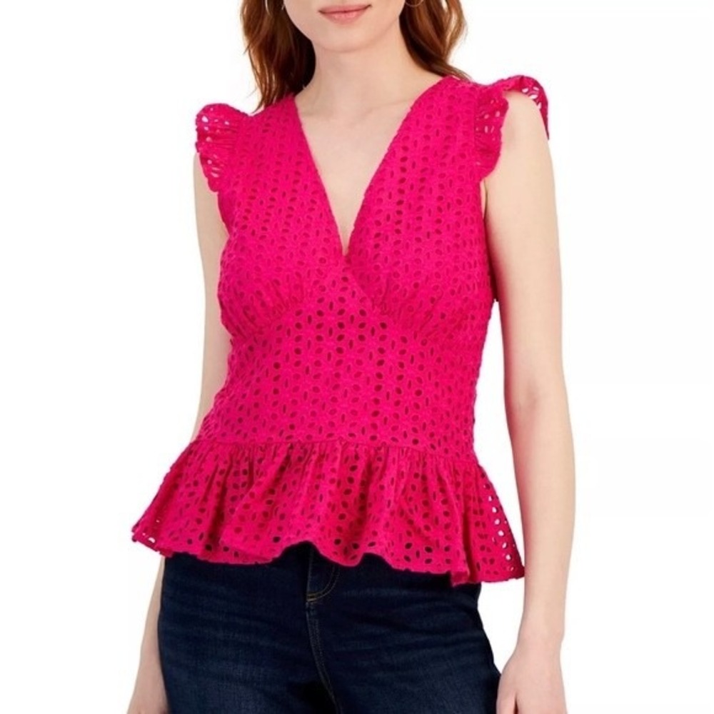 New INC Cotton Eyelet Pink Peplum V-Neck Flutter Sleeve Top Women's Size 14
